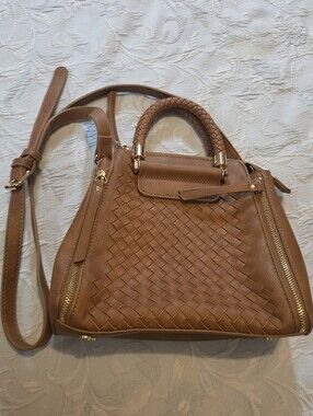 Madison West Tan Woven Satchel with Braided Handle